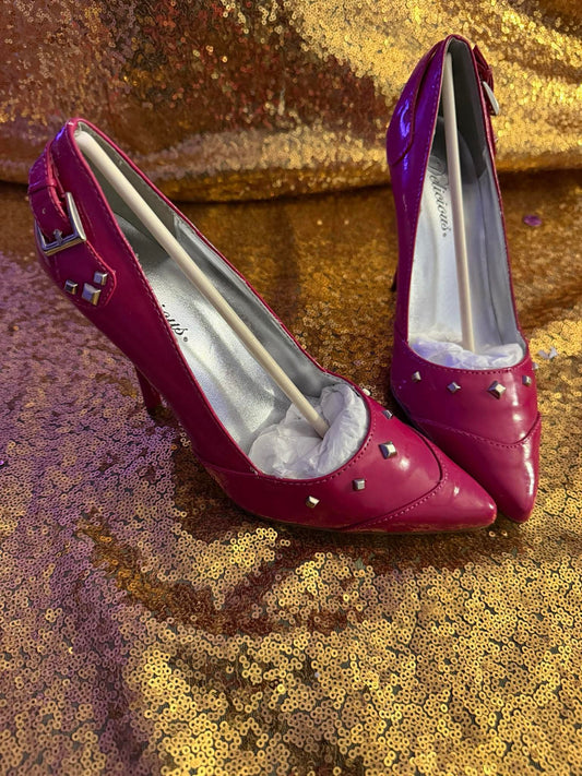 Size 6.5 Fushia Patent Silver Spike Pump
