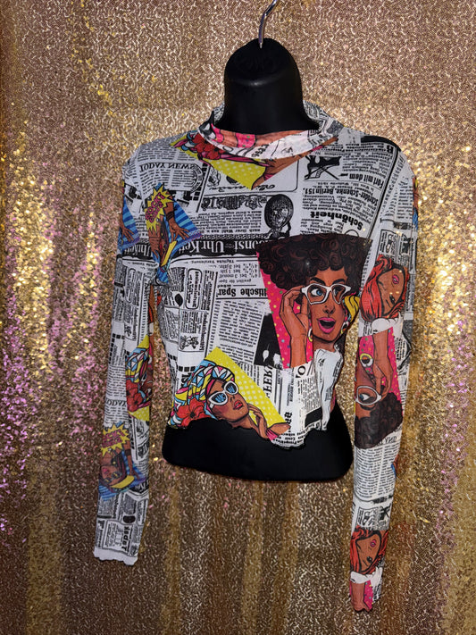 Newspaper print with girl character face mesh crop top