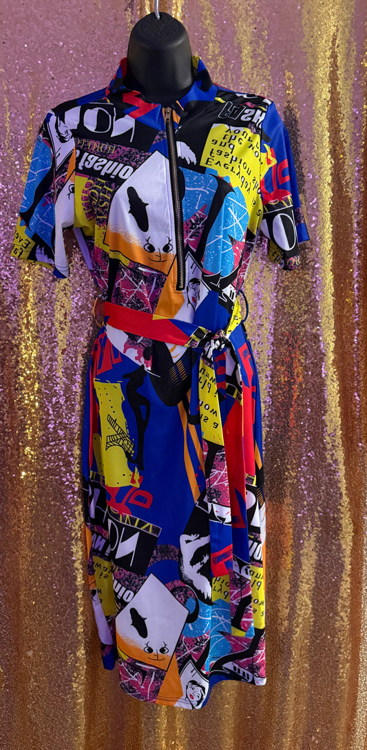 Multi print color block bodycon dress with front top zipper and belt