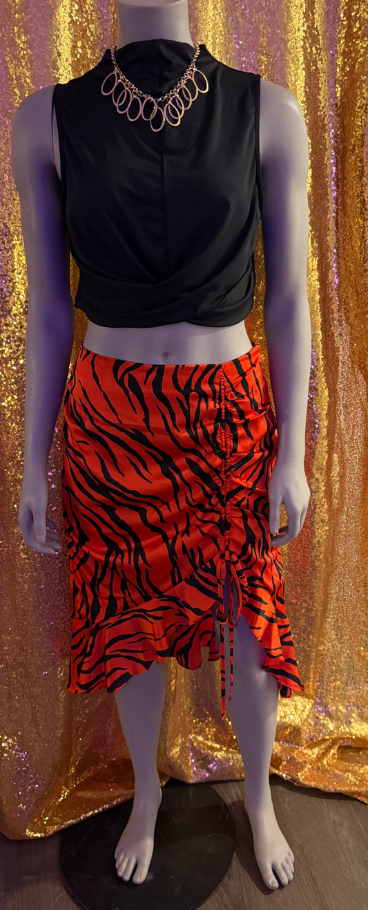 Ruffled red and black Zebra print skirt with adjustable rouching tie string