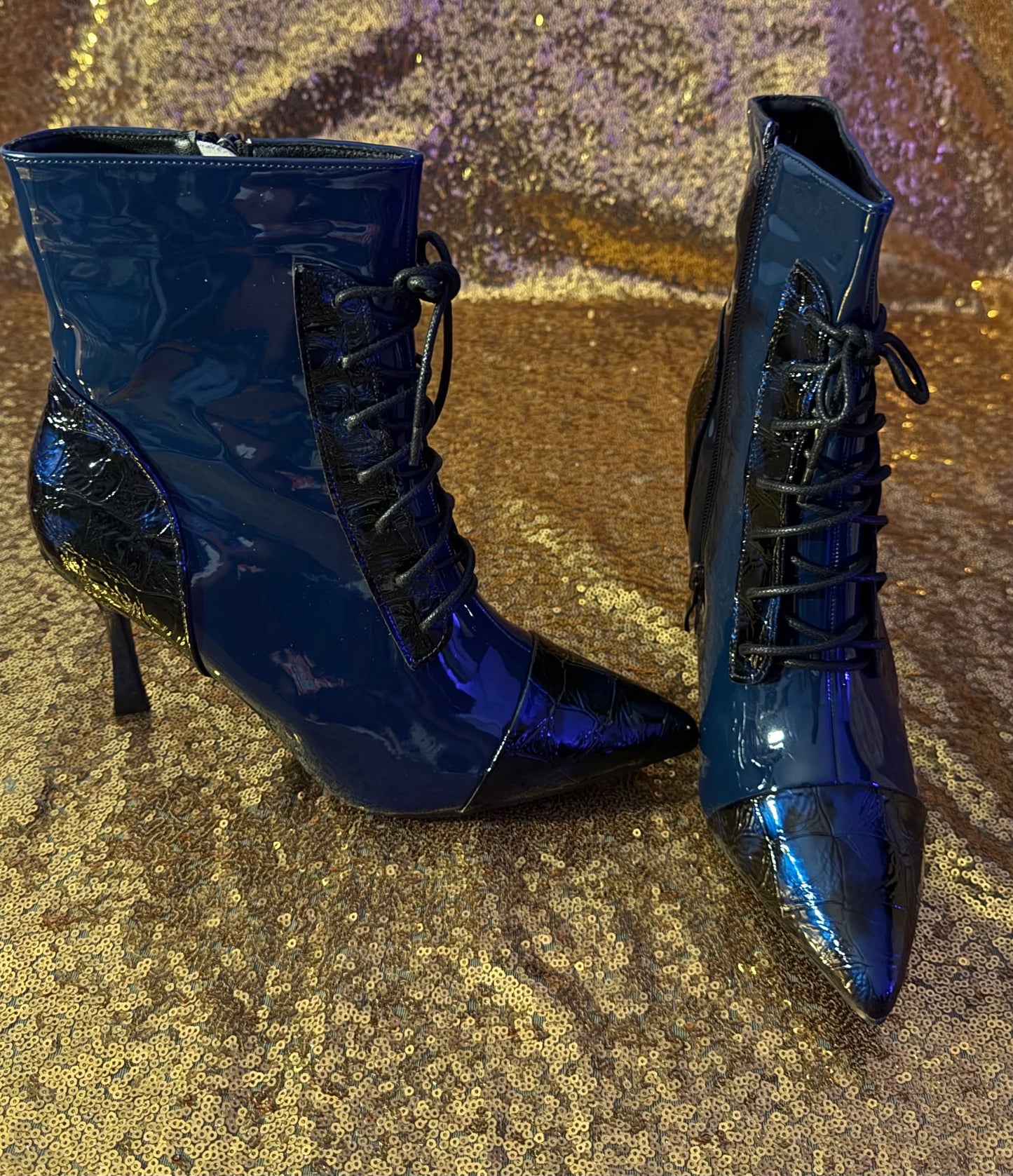 Size 9.5 Blue/Black Patent Leather Tie Up Bootie
